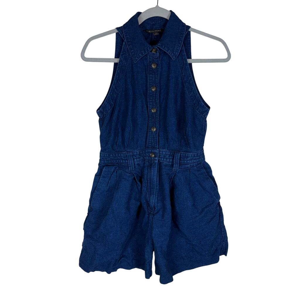 Banana Republic Camp Romper‎ Womens 2 Petite Blue Linen Button Front Tie Waist